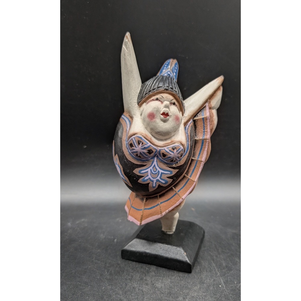 Hand Painted Wood Folk Art Figurine Whimsical Ballerina Female Dancer Wood Base